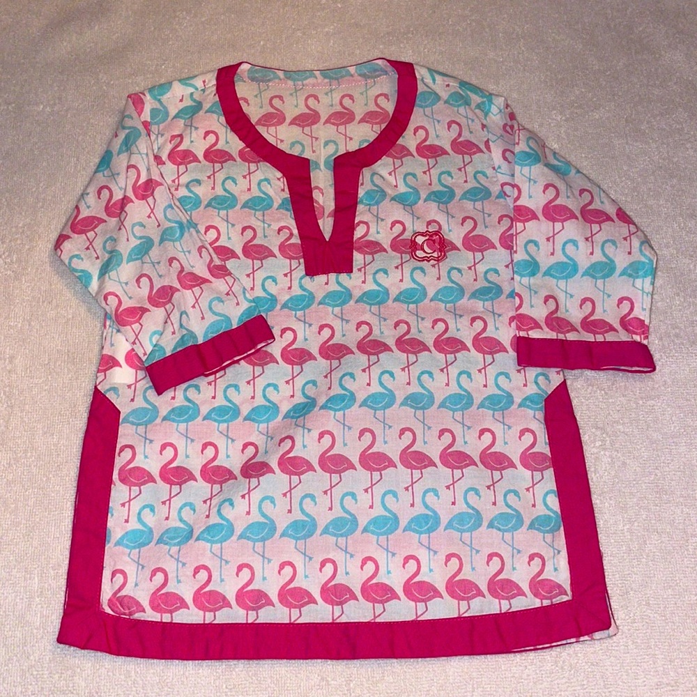 Pottery Barn kids pink, teal & white flamingo beach coverup size 6-12 months